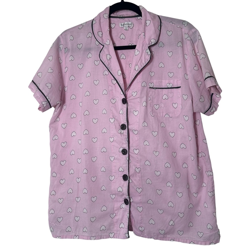 Insomniax Pajama Set Women L Pink Heart Print Cotton Button Down Short Sleeve - Picture 4 of 9